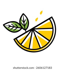 A vibrant and playful illustration of an orange slice with segmented texture. The orange segment is bright yellow with a textured surface and outlined in black. Two green mint leaves are attached