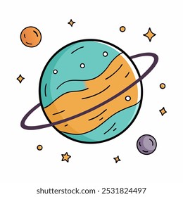 A vibrant and playful illustration of a planet with rings, surrounded by stars. Perfect for adding a touch of whimsy to your designs, this image is ideal for kids' products, space-themed projects.