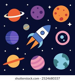 A vibrant and playful illustration of a rocket soaring through space, surrounded by planets, stars, and a ringed planet. This whimsical design is perfect for adding a cosmic touch to your projects.