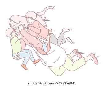 A vibrant and playful illustration showcasing a busy mother juggling her groceries along with her delightful children