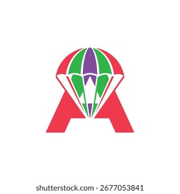 Un logotipo vibrante y juguetón con un paracaídas y la letra A. El diseño utiliza rojo, verde y púrpura audaz, perfecto para viajes aventureros y deportes.