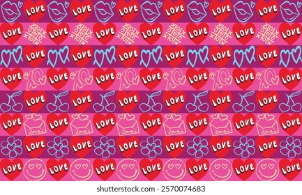 Vibrant and playful love-inspired seamless pattern with hearts, kisses, cherries, and smiling faces. Perfect for Valentine's Day designs, gifts, or romantic projects.