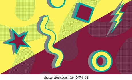 Vibrant and playful Memphis style background with bold geometric shapes, lightning bolts, and halftone dots. Perfect for retro themes, parties, or creative projects 