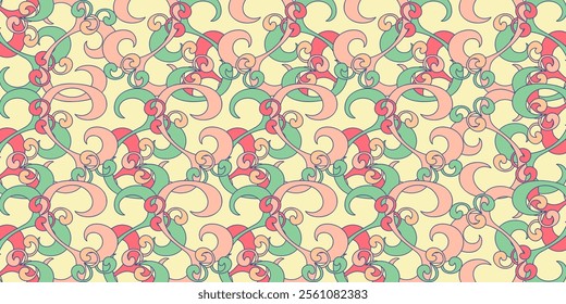 A vibrant and playful paisley pattern with swirling shapes and organic forms in a cheerful palette of colors. Vector background featuring a dynamic and energetic design.