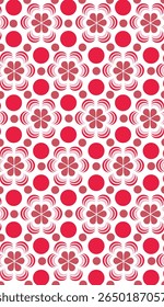 A vibrant, playful pattern bursts with repeating motifs of stylized flowers and bold circles in various shades of red, pink, and light cream set against a crisp white background. 