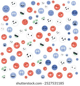 A vibrant and playful pattern featuring colorful emoji-style faces with various emotions. Red, blue, and white faces display expressions like happiness, surprise, love, frustration, and joy, scattered