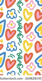 A vibrant, playful pattern featuring colorful abstract shapes like hearts, flowers, and squiggles on a white background. This cheerful design evokes a sense of joy and creativity.