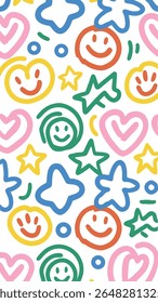 A vibrant and playful pattern featuring hand-drawn smiley faces, hearts, stars, and abstract shapes in bright pink, yellow, blue, green, and orange on a white background.