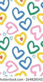 A vibrant and playful pattern featuring hand-drawn hearts in various sizes and bright colors like blue, pink, yellow, and green, set against a clean white background.