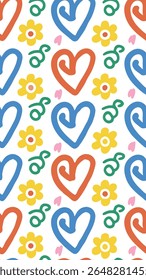 A vibrant, playful pattern featuring hand-drawn hearts in blue and orange, interspersed with cheerful yellow flowers and delicate pink heart shapes on a clean white background.
