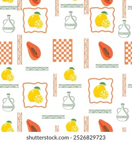 Un patrón vibrante y juguetón con papaya, limón, cerámica tradicional y Formas geométricas. Ideal para diseños inspirados en el verano, decoración de cocina y textiles de temática tropical o papel de regalo