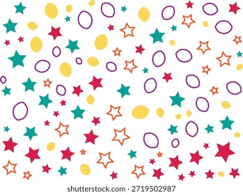 A vibrant and playful pattern featuring stars and ovals in various colors on a clean white background, ideal for decorative or design use.