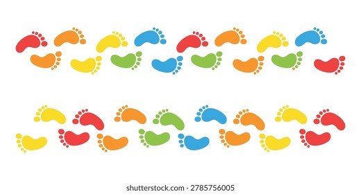 A vibrant and playful pattern of footprints in various colors, perfect for kids' party decorations, baby shower themes, or nursery wall art.