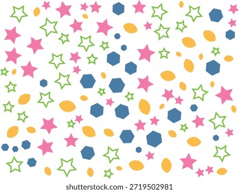 A vibrant and playful pattern of stars, circles, and shapes in pink, blue, yellow, and green hues scattered across a clean white background.