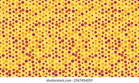 Vibrant, playful polka dot pattern featuring red, orange, and purple circles on a yellow background. Ideal for textiles, websites, packaging, and playful designs.  Download now for your next project