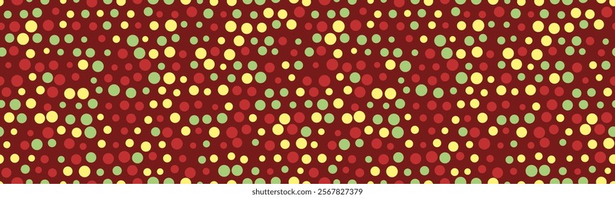 Vibrant, playful polka dot pattern in red, yellow, and green on a maroon background.  Perfect for textile design, wrapping paper, or festive digital projects.