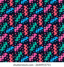 A vibrant and playful seamless abstract pattern featuring hand-drawn wavy lines in bold pink, blue, and green, interspersed with colorful polka dots on a dark background.