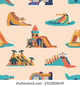 Vibrant And Playful Seamless Pattern Features A Variety Of Inflatable Rides, Creating A Lively And Fun-filled Design