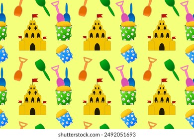 A vibrant and playful seamless pattern featuring sandcastles, shovels, and pails, perfect for summer-themed projects and designs.