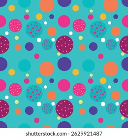 Vibrant and playful seamless pattern featuring colorful polka dot on a bright teal background. Cheerful design with pink,orange, and blue circles, some with smaller dot accents.