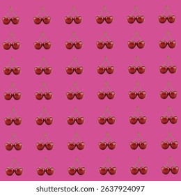 A vibrant and playful seamless pattern featuring rows of realistic red cherries with green stems, set against a lively pink background. This cheerful and appealing design evokes feelings of summer