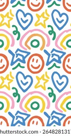 A vibrant and playful seamless pattern featuring hand-drawn elements like smiley faces, stars, hearts, and abstract shapes in bright, cheerful colors on a white background.