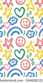 A vibrant and playful seamless pattern featuring hand-drawn stars, hearts, smiley faces, rainbows, and abstract shapes in a cheerful pastel color palette on a white background.
