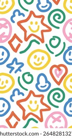 A vibrant and playful seamless pattern featuring hand-drawn smiley faces, stars, hearts, swirls, and abstract shapes in bright primary and pastel colors on a white background.