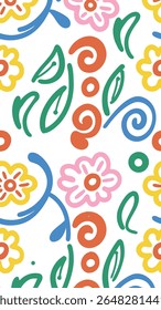 A vibrant and playful seamless pattern featuring stylized flowers, leaves, and swirls in bright yellow, pink, orange, green, and blue against a clean white background.
