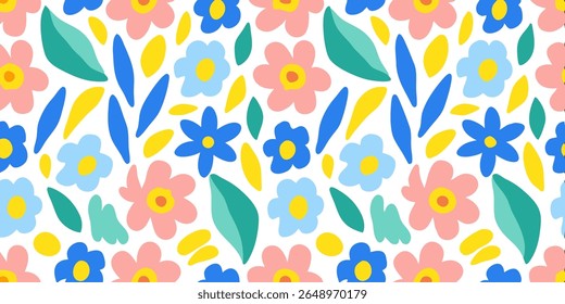 A vibrant and playful seamless pattern featuring abstract, stylized flowers and leaves in cheerful pastel colors, perfect for a variety of creative and decorative applications.
