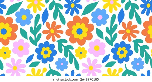A vibrant and playful seamless pattern featuring stylized flowers and leaves in bold, flat colors. The design evokes a cheerful, retro, or children's illustration aesthetic.