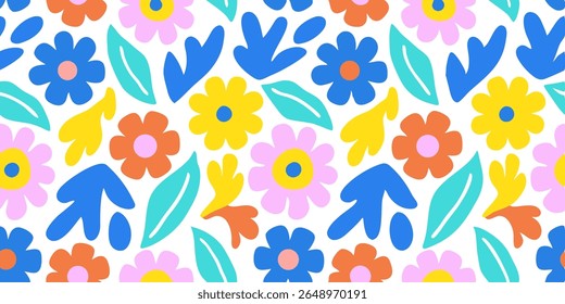 A vibrant and playful seamless pattern featuring abstract flowers and leaves in bright, bold colors like blue, pink, yellow, and orange on a white background.