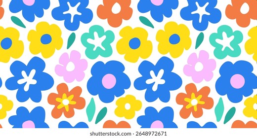 A vibrant and playful seamless pattern featuring abstract, stylized flowers in bright blue, yellow, orange, pink, and teal on a clean white background. Perfect for spring and summer designs.