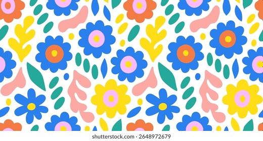 A vibrant and playful seamless pattern featuring abstract floral shapes and organic elements in a bold, retro color palette. Perfect for modern, cheerful designs.