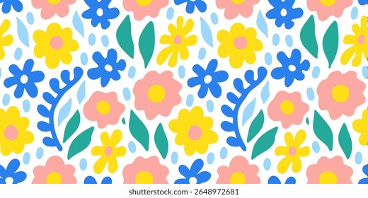 A vibrant and playful seamless pattern featuring abstract flowers and leaves in bright pink, yellow, blue, and teal on a clean white background. Perfect for cheerful designs.