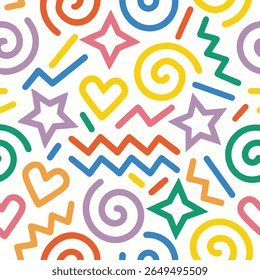 A vibrant and playful seamless pattern featuring colorful geometric shapes like stars, hearts, swirls, and zigzags on a white back