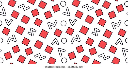 A vibrant and playful seamless pattern featuring bold red squares, abstract zigzags, and simple circles, evoking a retro 80s or 90s aesthetic.
