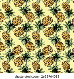 Um padrão contínuo vibrante e brincalhão com abacaxis desenhados à mão com folhas verdes em um fundo amarelo suave. Este design de frutas tropicais é perfeito para o tecido de projetos temáticos de verão Imprimir