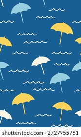 A vibrant and playful seamless pattern featuring an array of colorful beach umbrellas and stylized waves, set against a deep blue backdrop.