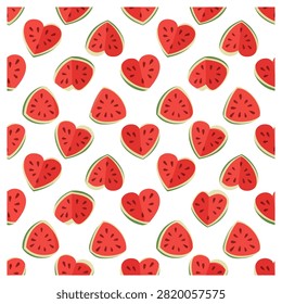A vibrant and playful seamless pattern featuring heart-shaped watermelon slices. Each slice shows red flesh, black seeds, and a green rind, arranged in a repeating grid on a clean white background. This flat vector illustration evokes feelings of summer, love, and healthy living, making it ideal for textiles, wallpapers, and seasonal designs.