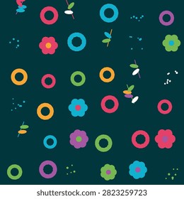 A vibrant and playful seamless pattern featuring a variety of colorful circles and stylized flowers scattered across a deep dark green background, perfect for fun designs, fabric prints, and stationery.