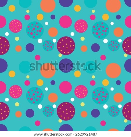 Vibrant and playful seamless pattern featuring colorful polka dot on a bright teal background. Cheerful design with pink,orange, and blue circles, some with smaller dot accents.