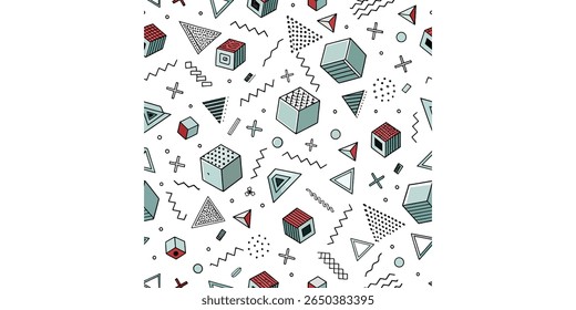 Um padrão contínuo vibrante e lúdico preenchido com elementos de design icônicos de Memphis dos anos 1980, incluindo cubos isométricos triângulos zigzags e pontos espalhados em um fundo branco.