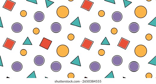 A vibrant and playful seamless pattern with geometric shapes including teal triangles orange circles and purple squares outlined in black on a clean white backdrop.