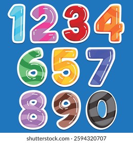 A vibrant and playful set of cartoon-style numbers from 1 to 9 and 0, featuring bright colors, glossy effects, and sticker outlines. 