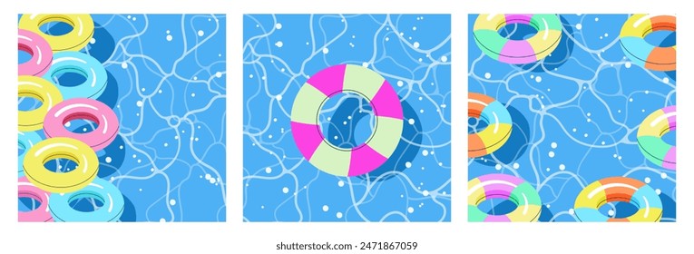 A vibrant and playful set of Pool Rubber Rings on a water background. Summer bright Inflatable swimming floats pattern for social media post. Flat vector illustration