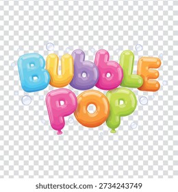 Un gráfico de texto vibrante y juguetón con globos de colores que deletrean 'burbuja pop' sobre un fondo transparente, perfecto para agregar un toque divertido a los diseños