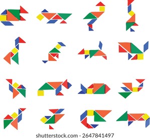 Vibrant and playful, this vector illustration features a collection of colorful tangram puzzles shaped like various animals and objects. 