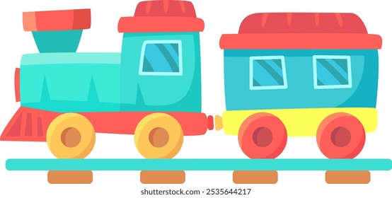 Vibrant and playful toy train with a locomotive and a passenger carriage stands ready for adventure on a blue track, evoking a sense of childhood joy and imagination