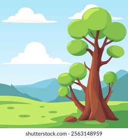 A vibrant and playful vector illustration featuring a large, cartoon-style tree in a lush green meadow. The scene includes rolling hills, fluffy white clouds, and a distant mountain range.